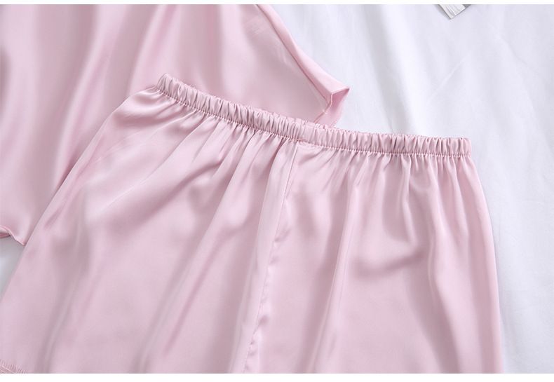 Ensemble deux pièces en dentelle de soie glacée pour femmes, col en v fin, coussinet de poitrine, short à bretelles froncées, été _voghion.com