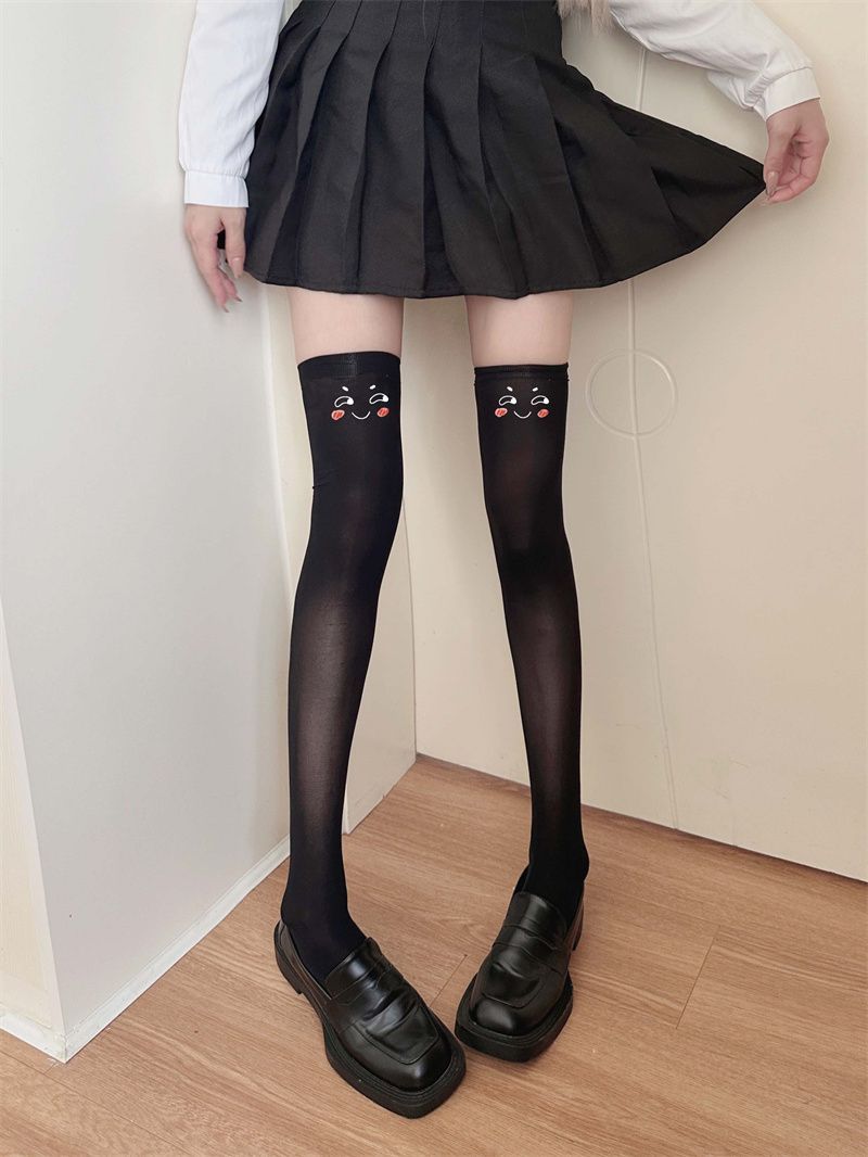 Schwarze Seide, süßer Mädchentext, schöne bedruckte Strümpfe, Overknee-JK-Langsocken, Subkultur, dünn, süß, hohe Röhre_voghion.com