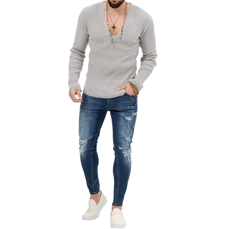 Männer T Shirts Einfarbig V-ausschnitt Langarm Gestrickte Streetwear Herbst Casual Männer Tees 2023 Mode Kleidung_voghion.com