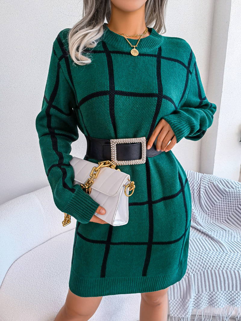 Abito da donna girocollo a maniche lunghe in maglia autunno inverno abito maglione a trapezio scozzese abito casual sottile caldo ed elegante senza cintura_voghion.com