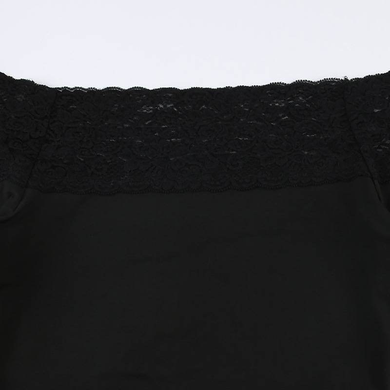 Top corto con scollo a V e cuciture in pizzo nero, elegante e sexy, a maniche lunghe, attillato, per donna, Harajuku, Y2k, autunno, basic_voghion.com