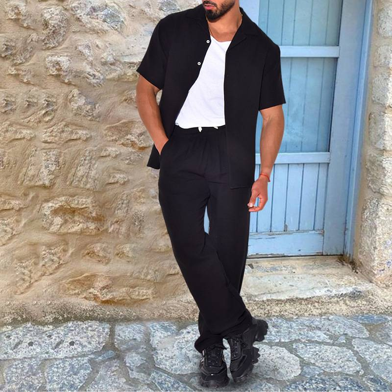 Moda estiva da uomo con risvolto monopetto, camicie a maniche corte + pantaloni lunghi, 2 pezzi, set casual larghi M-3XL_voghion.com