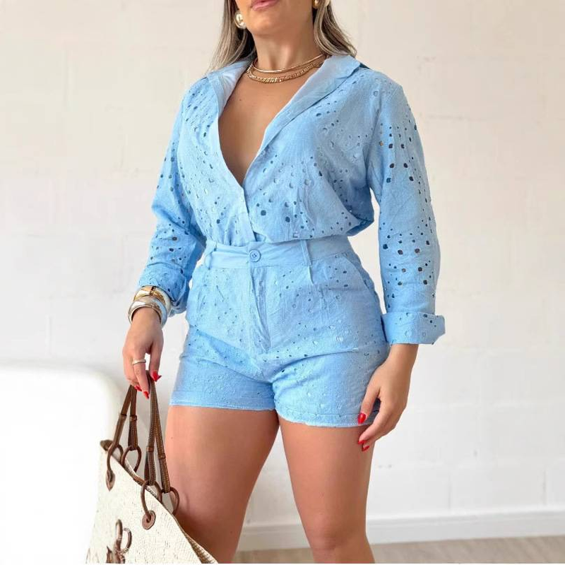 Ensemble 2 pièces pour femme, short décontracté à manches longues et couleur unie_voghion.com