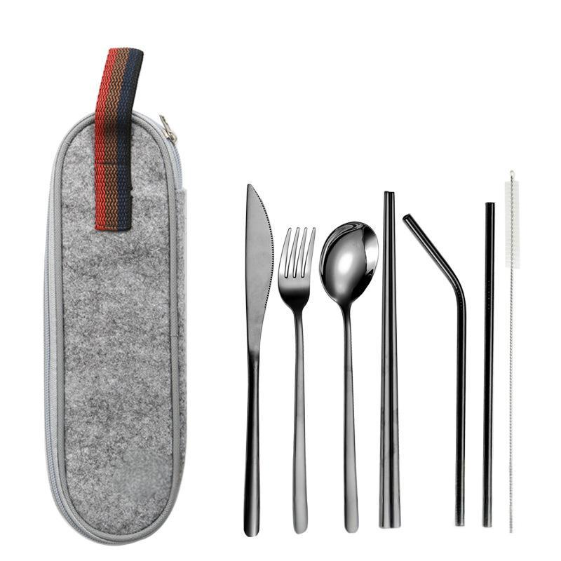 Ensemble de couverts haut de gamme en acier inoxydable 304, 8 pièces, couteau, fourchette, cuillère, baguettes, paille, pour les repas en plein air_voghion.com