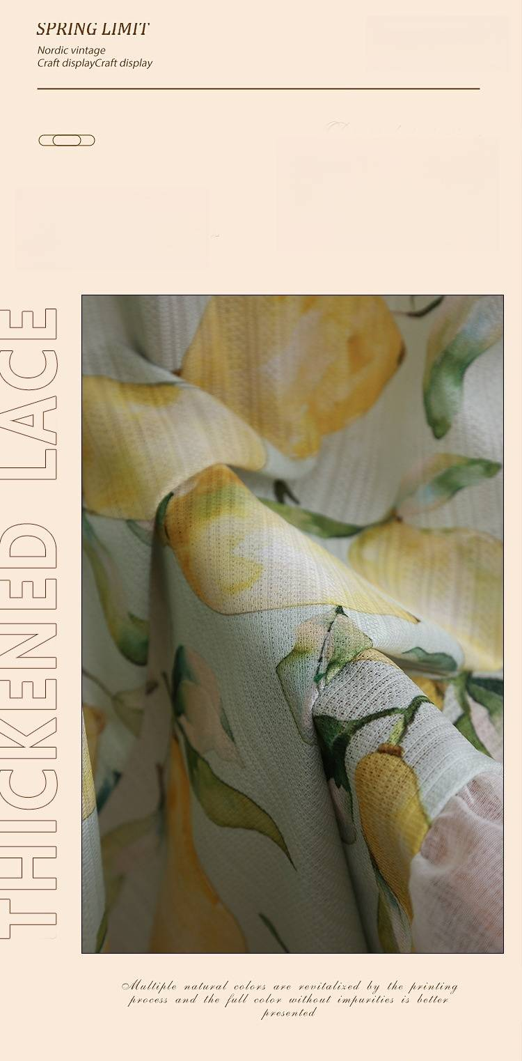 Κουρτίνες με βολάν σε σχήμα λεμονιού - Κίτρινες ημιδιαφανείς κουρτίνες κουζίνας και υπνοδωματίου (Κλιμακωτό σχέδιο, στυλ εξοχικού σπιτιού, έτοιμες, 50% συσκότιση)_voghion.com