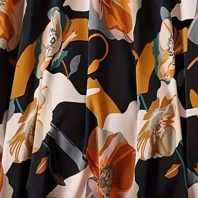 Falda midi evasé con estampado floral: falda cruzada de gasa fluida para mujer, ideal para la oficina y el brunch (tallas S-XL, negra, poliéster)_voghion.com