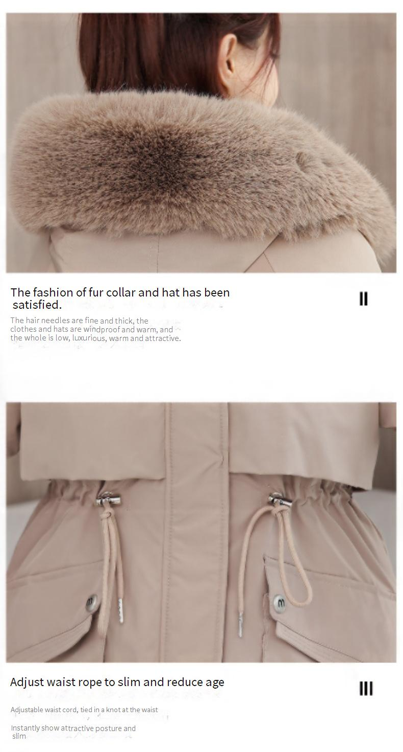 Women's Parka Coat With Detachable Faux Fur Hood, Mid-Length Winter Jacket For Ladies, Warm Quilted Polyester Outerwear With Rabbit Fur Trim_voghion.com