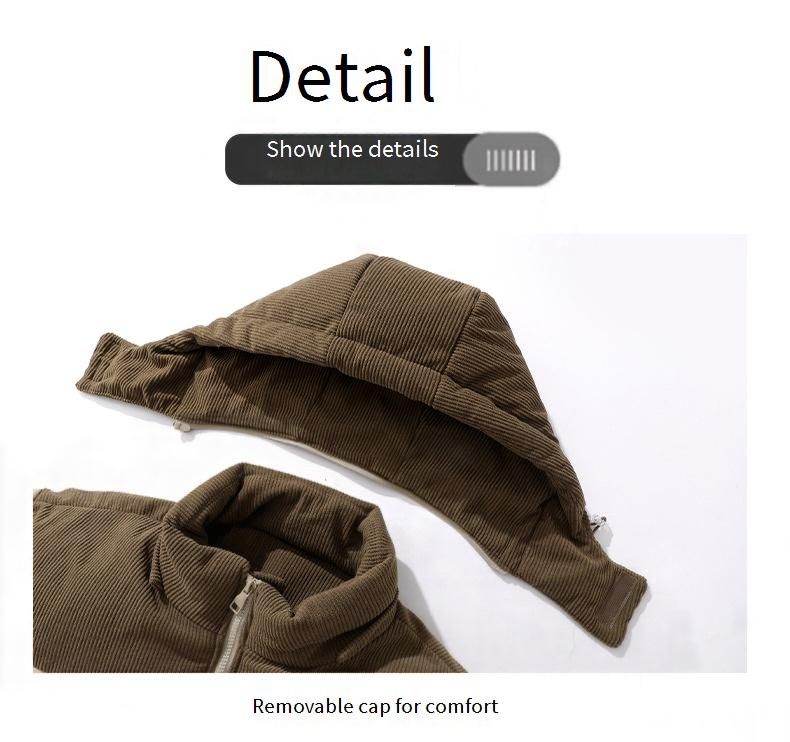 Unisex Color-Block Corduroy Puffer Jacket – Stand Collar Hooded Winter Coat (XS-2XL, Black/Khaki/Green)_voghion.com