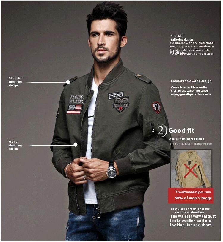 Freizeitjacke aus Baumwolle für Herren – leichte, atmungsaktive, winddichte Bomberjacke für den Außenbereich für Frühling und Herbst (Khaki, Schwarz, Armeegrün)_voghion.com