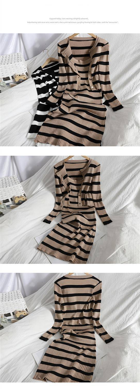 Completo primaverile in maglia da donna - Cardigan a righe e abito canotta attillato in due pezzi_voghion.com