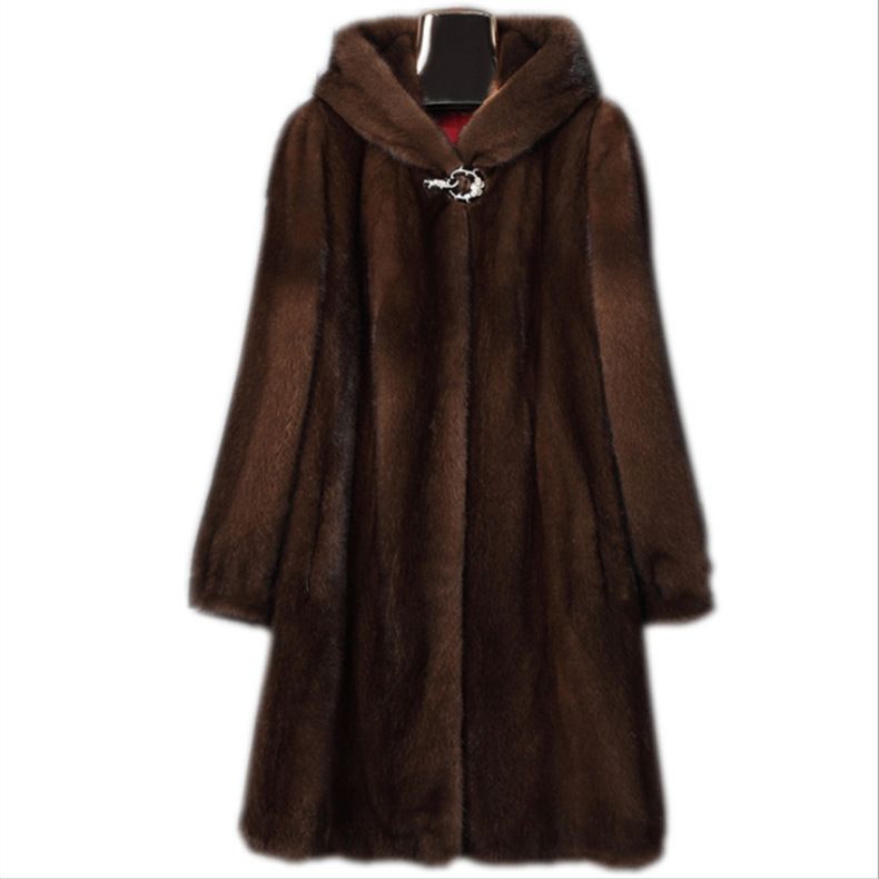 Cappotto di pelliccia sintetica di lusso con cappuccio, cappotto invernale lungo da donna, elegante capospalla, marrone scuro, disponibile in taglie forti_voghion.com