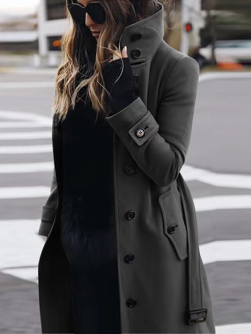 Slim-Fit Wool Blend Pea Coat For Women – Elegant Short Trench Coat With Belted Waist Coat Solid Color Women's Coat_voghion.com