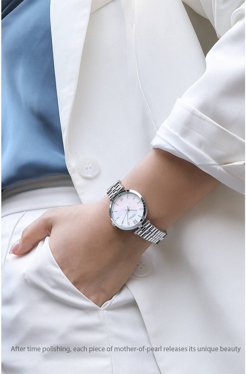 Elegante orologio da donna in acciaio inossidabile - quadrante in madreperla da 32 mm, movimento giapponese Miyota e resistenza all'acqua fino a 30 m_voghion.com