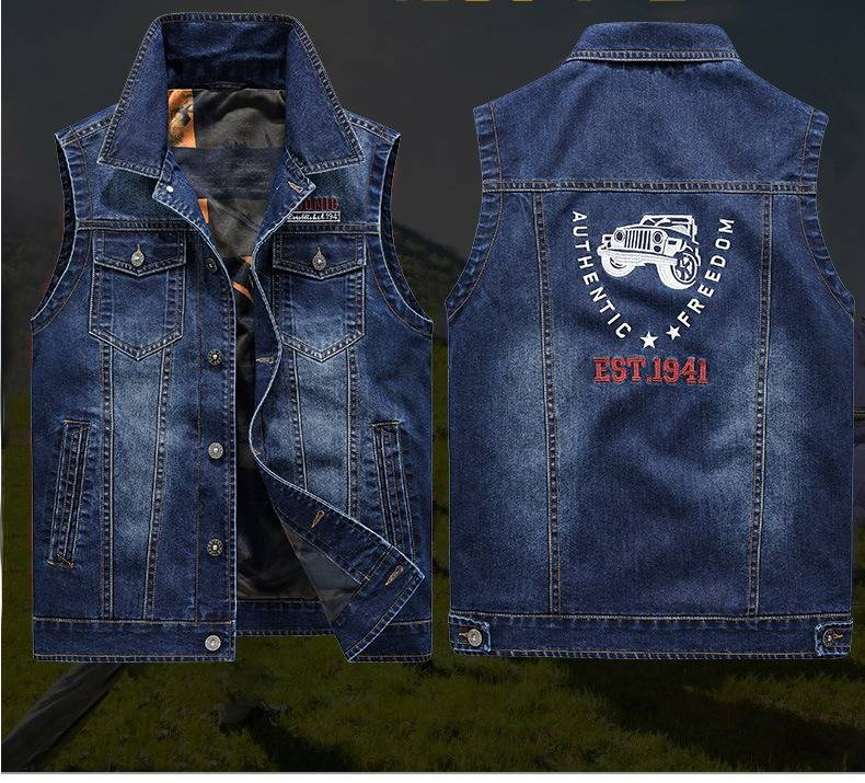 Gilet en jean pour homme avec col à revers et multiples poches, veste sans manches décontractée et ample, grandes tailles (jusqu'à 4XL)_voghion.com