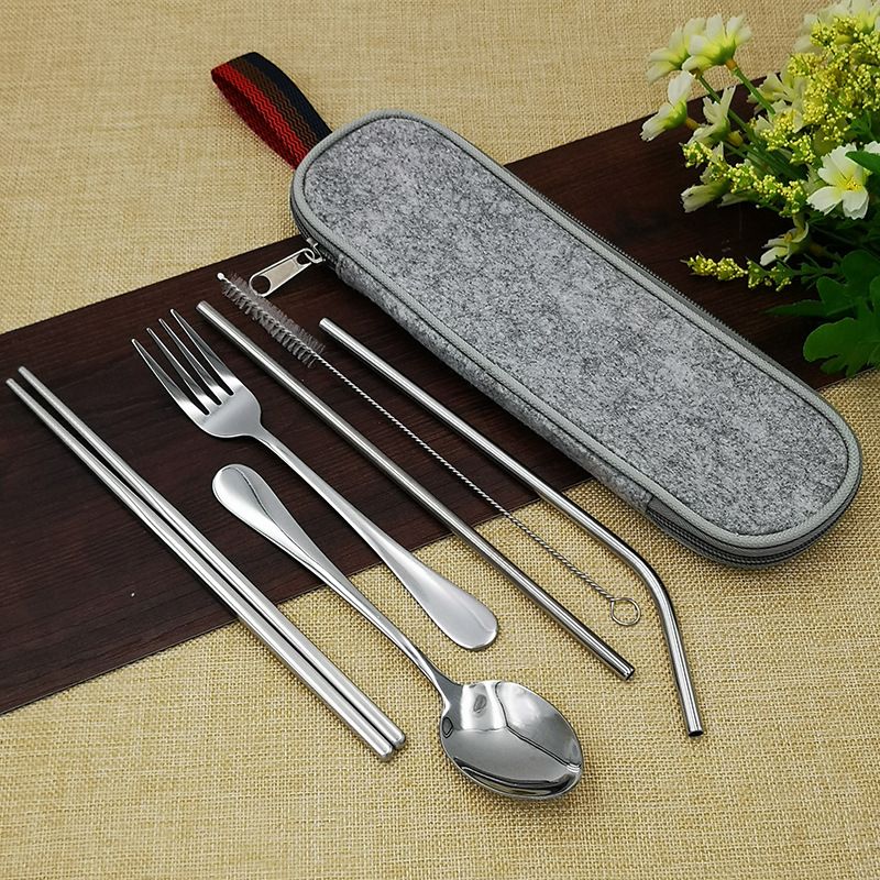Stainless Steel Knife, Fork, Spoon, Chopsticks Set Outdoor Picnic Portable Tableware Spoon, Chopstick Straw Storage Bag_voghion.com