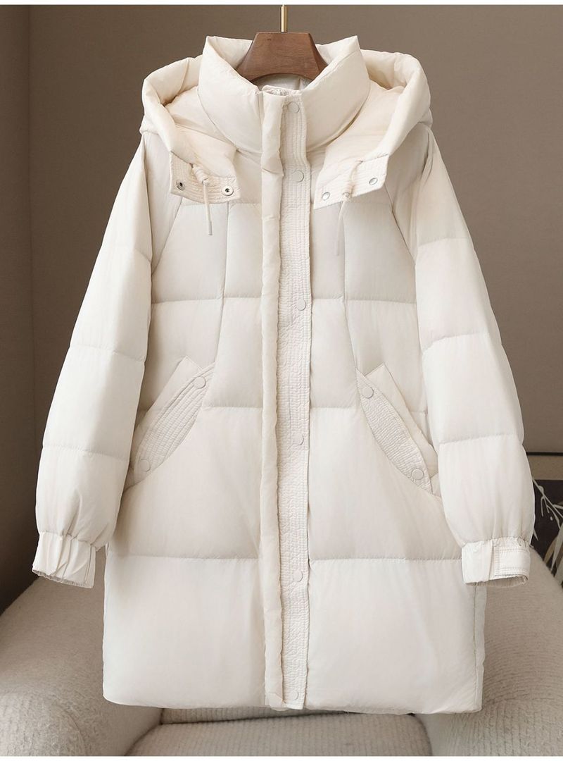 "Women's Fashion Hooded Down Jacket, 90% White Duck Feather Filling, Long Coat For Winter, Loose Fit, Zipper Closure, Multiple Pockets,_voghion.com