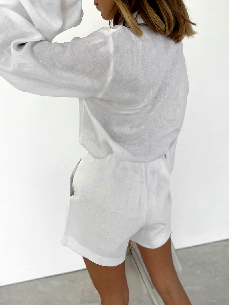 abito a maniche lunghe in cotone e lino moda casual design da donna camicia a contrasto in bianco e nero pantaloncini set da due pezzi_voghion.com