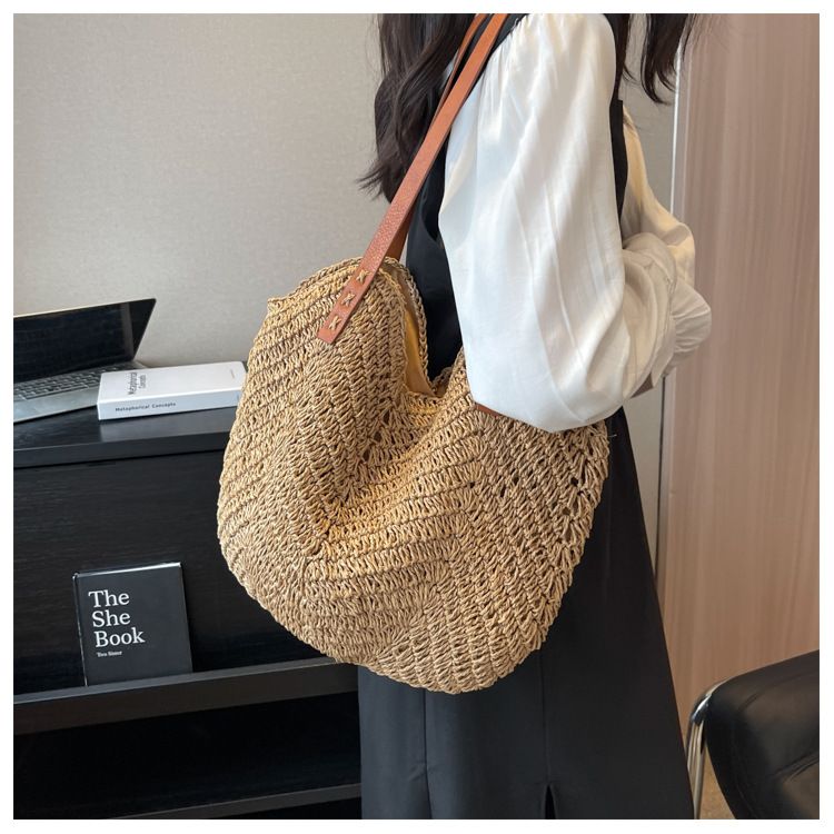 Borsa di paglia Borsa intrecciata Borsa di paglia intrecciata Mori Borsa da spiaggia per donna Borsa da spiaggia intrecciata Borsa a tracolla singola di grande capacità_voghion.com
