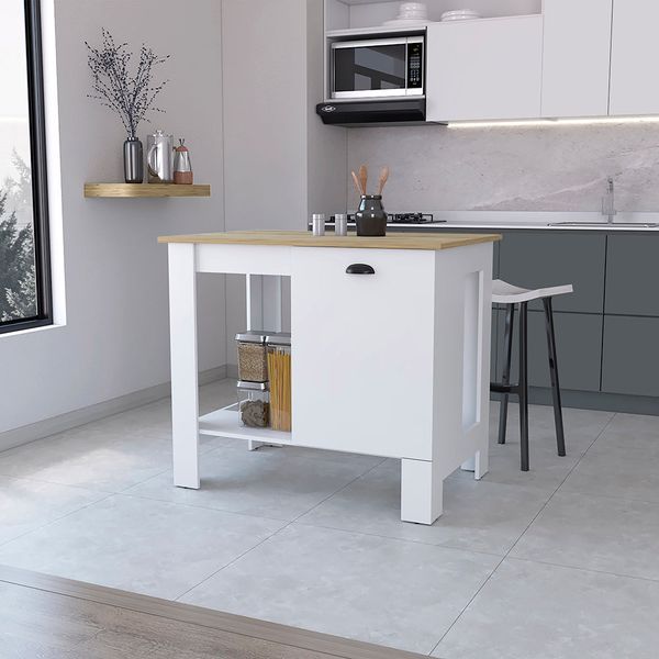 Vancouver 1-Door Kitchen Island With Open Shelf White And Macadamia_voghion.com