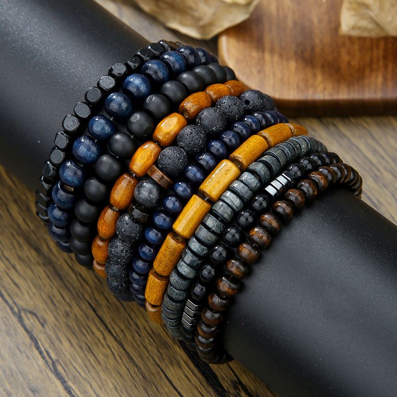 Bestseller-Schmuck für Männer, Retro-Holzperlen, elastische Armbänder aus Vulkangestein, vielseitige Nischen-Stapelarmband-Sets_voghion.com