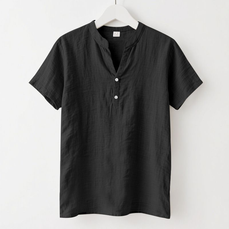 Herrenbekleidung Außenhandel Herren Casual Loose Shirt Herren Trendy Stehkragen Leinen Kurzarm Einfarbiges Hemd Große Herrenbekleidung_voghion.com