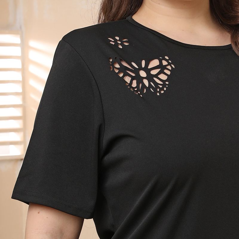 Large size women's butterfly hollow burnt flower dress women's short skirt short-sleeved A-line skirt_voghion.com