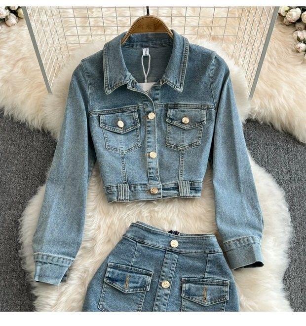 Women's Denim Jacket & High Waist Pencil Skirt Two-Piece Set - Slim Fit Short Cropped Blazer With Button Front & Bodycon Mini Skirt (Blue, S/M/L)_voghion.com
