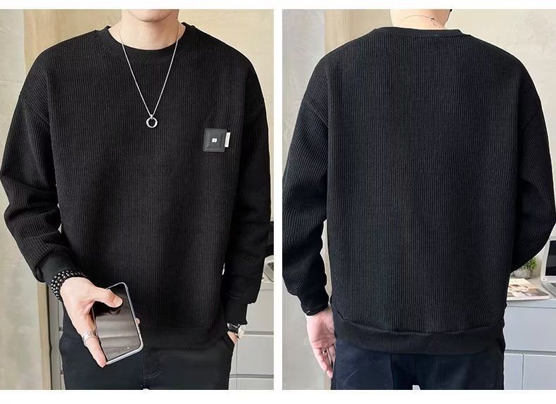 Herrenbekleidung Waffelstrick-Sweatshirt mit Rundhalsausschnitt – Slim Fit, lässiges Pullover-Langarm-T-Shirt für Frühling und Herbst (Schwarz/Weiß/Dunkelgrau/Marineblau)_voghion.com