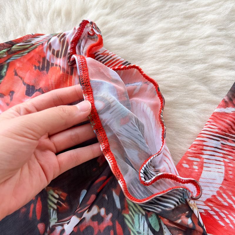 Damenbekleidung Retro High-End-bedruckter modischer Netzanzug für Damen im Sommer, kurzes, langärmeliges, enges T-Shirt + Maxirock mit hoher Taille_voghion.com