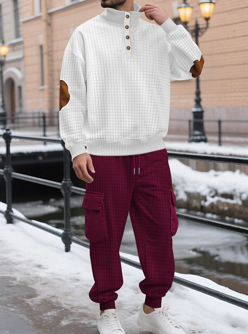 Conjunto de sudadera con capucha y joggers de punto a cuadros para hombre: 2 piezas, estilo informal de negocios, 100 % poliéster, resistente a las arrugas y transpirable._voghion.com