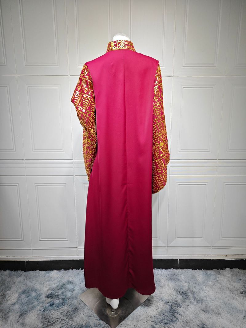AB474 Elegantes muslimisches Abaya im Dubai-Stil mit aufgestickten Perlen und fließenden Ärmeln – schlichtes langes Kleid in Übergröße für Damen (Grün/Rot, S-XXL)_voghion.com