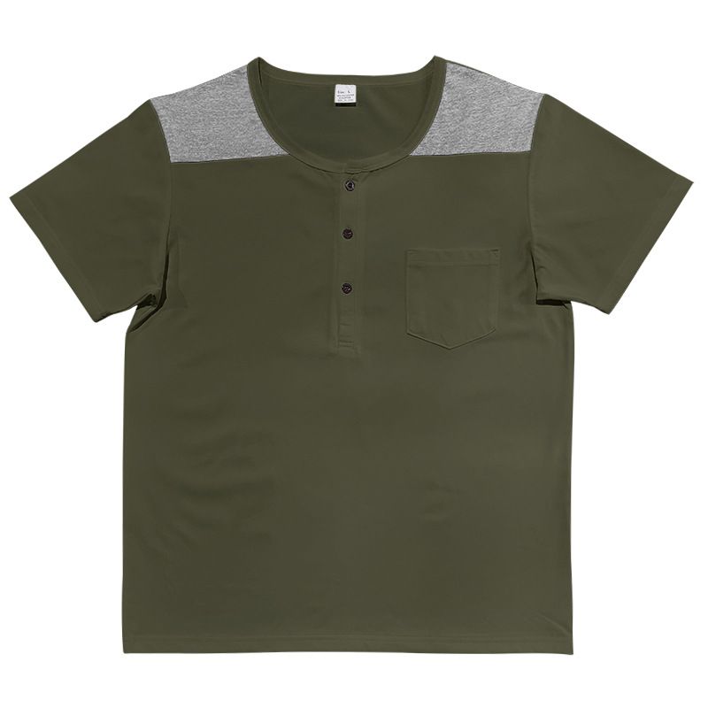 24 Sommer Herren V-Ausschnitt Knopf Farbblock Übergröße Henley Shirt Kurzarm Top_voghion.com