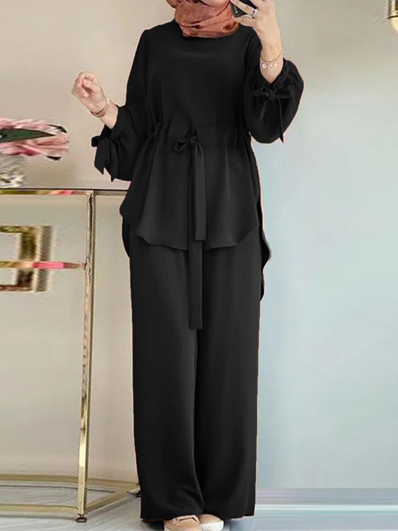 Completo elegante da donna musulmano in due pezzi, tinta unita, con top a maniche e pantaloni a gamba larga | Outfit casual quotidiano per le donne_voghion.com