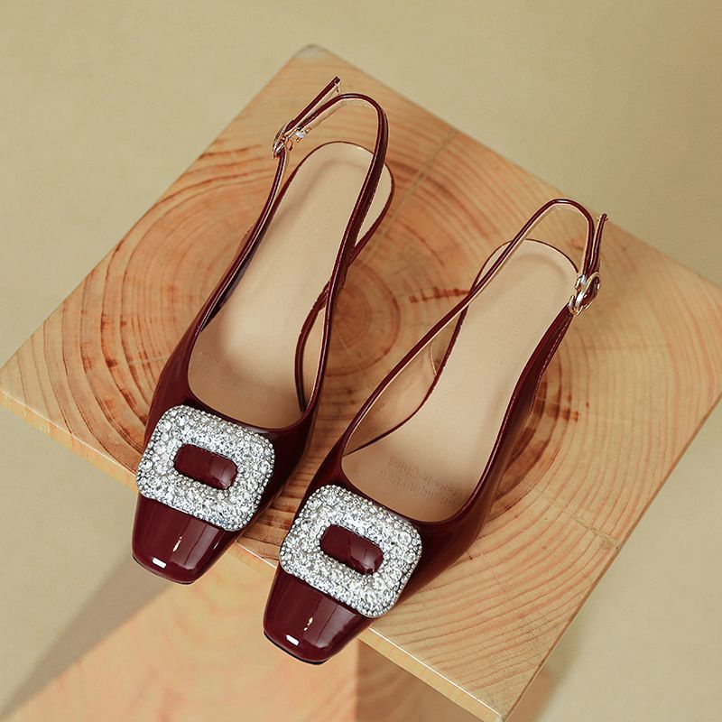 French Style Square High Heels Thin New Summer Backless Single Shoes Mid Heel Patent Leather Red One Strap Closed Toe_voghion.com