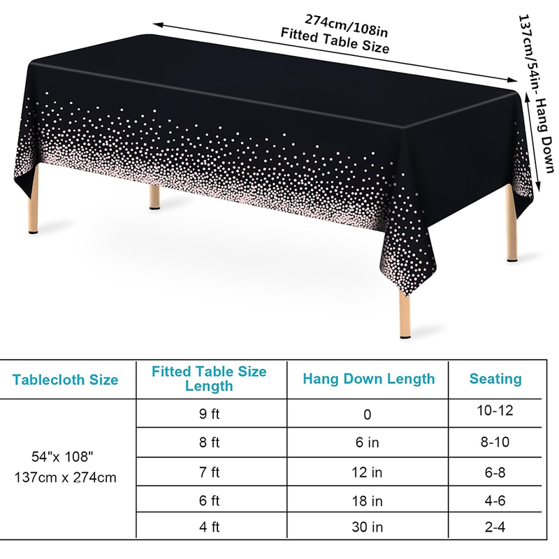 Toalha de mesa preta de bolinhas em ouro rosa de 2 peças, toalha de mesa de plástico confete em ouro rosa de 54 x 108 polegadas_voghion.com