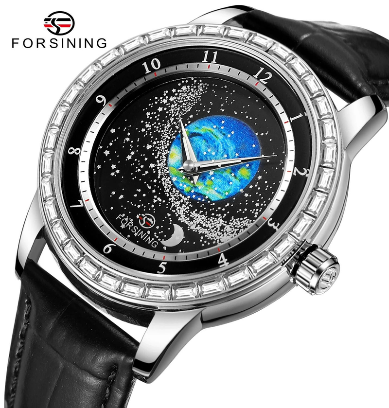 Brangakmenių inkrustuotas „Rotating Star“ automatinis mechaninis laikrodis su odiniu dirželiu, šventinė dovana_voghion.com