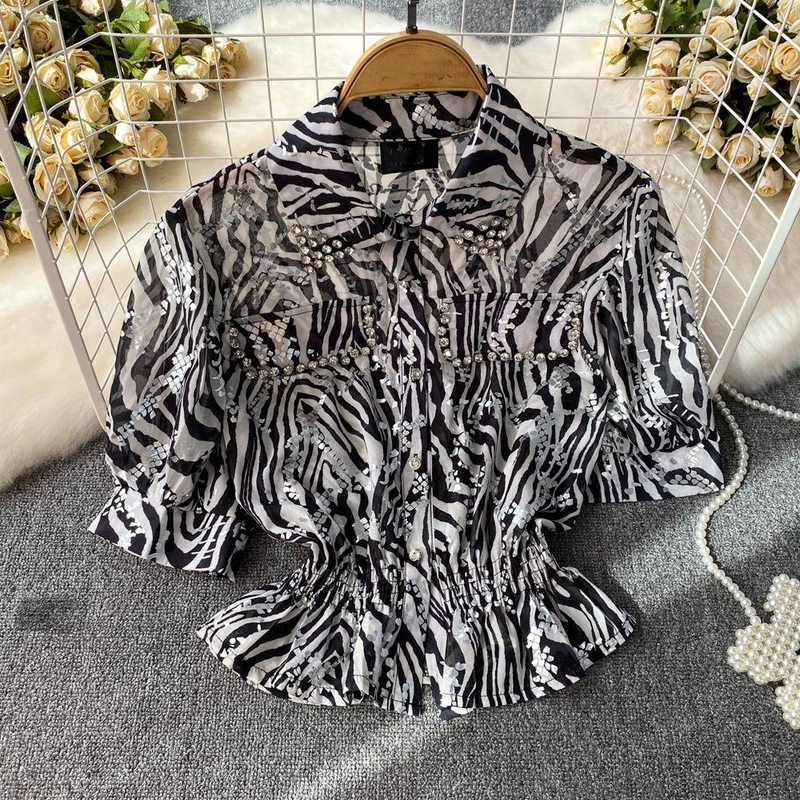 Women's Clothing Short Sleeve Diamond Lapel Waist Snake Print Chiffon Shirt Women's Short Top Summer_voghion.com