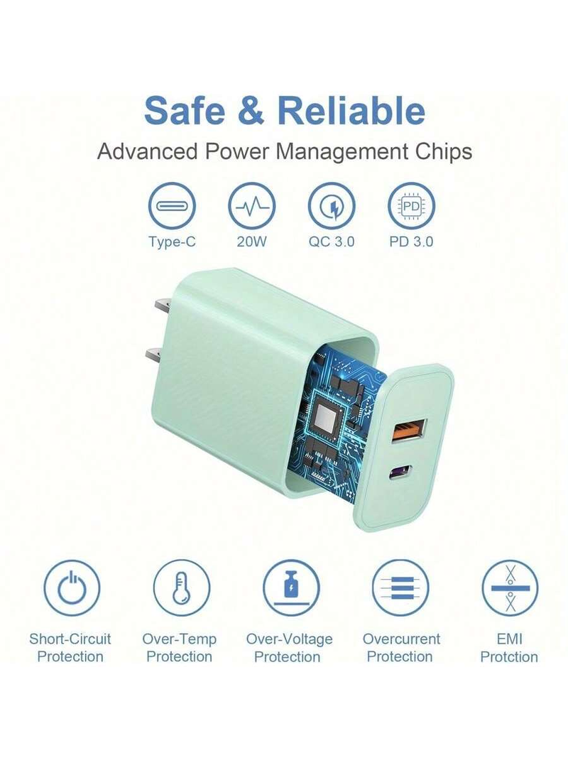 Adaptador de corriente USB-C rápido dual de 20 W: carga rápida, puerto dual, cable tipo C de 1,8 m, compatible con iPhone 15 y iPad._voghion.com