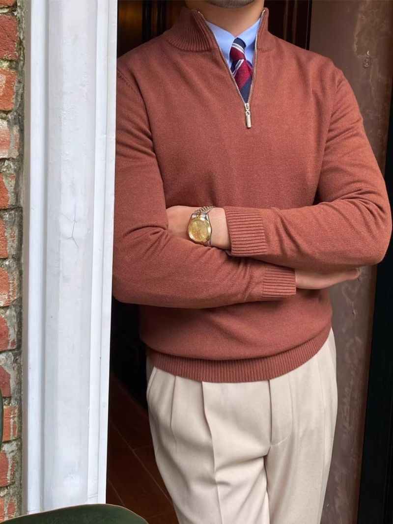Herrenbekleidung, stylischer Halbrollkragenpullover mit halbem Reißverschluss – Slim Fit Strickpullover für Herbst und Winter – Britische Gentleman-Mode (Schwarz/Weiß/Braun)_voghion.com