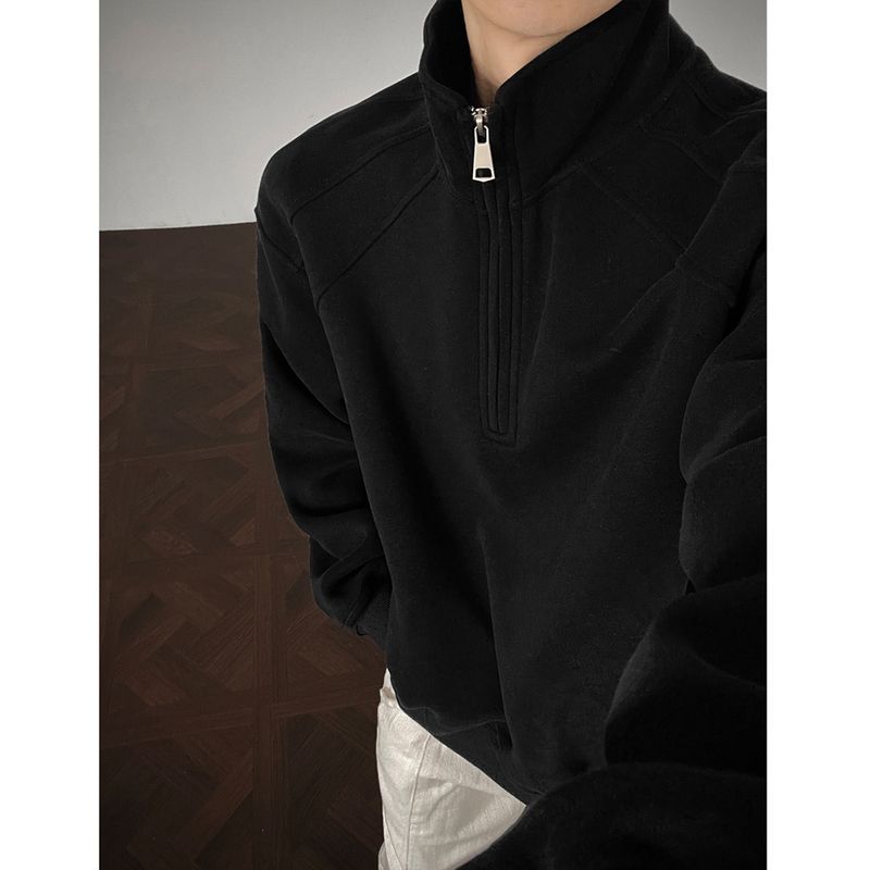 Lässiges Herren-Sweatshirt mit Stehkragen und halbem Reißverschluss und Jacquard-Design – leichter Pullover mit lockerer Passform für Herbst und Winter_voghion.com