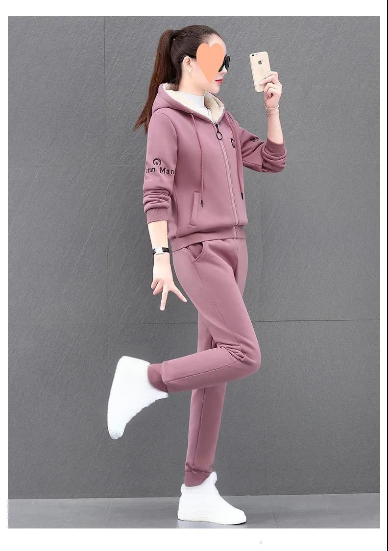Women's Clothing Fleece-Lined Hoodie & Jogger Set - Winter Warmth Two-Piece Outfit, Plus Size 4XL, Soft Polyester, Geometric Print (Pink, Beige, Red)_voghion.com