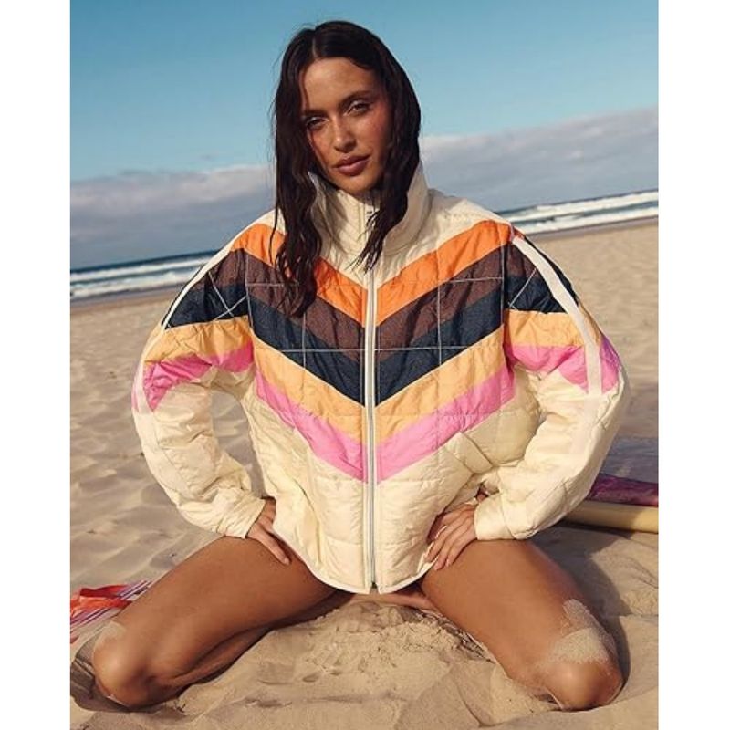 Gesteppte Damenjacke mit Reißverschluss, individuellem Aufdruck, Langarmmantel mit Taschen, leichte Polyester-Oberbekleidung für Streetwear und Freizeit_voghion.com