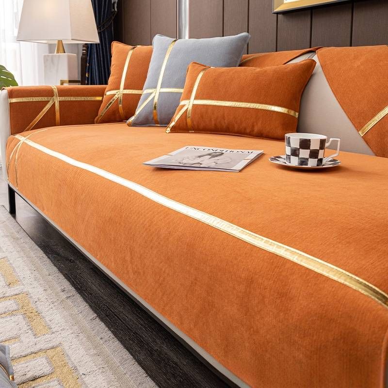 Luxury Chenille Sofa Cover Set With Cloud Gold Trim – Anti-Scratch, All-Season Fabric Protector For Sectional Couches_voghion.com