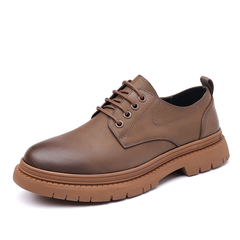 Suitable For All Seasons Men's Leather 2024 Low-top British Style Round Toe Chunky Work Thick-soled Casual Derby Shoes_voghion.com