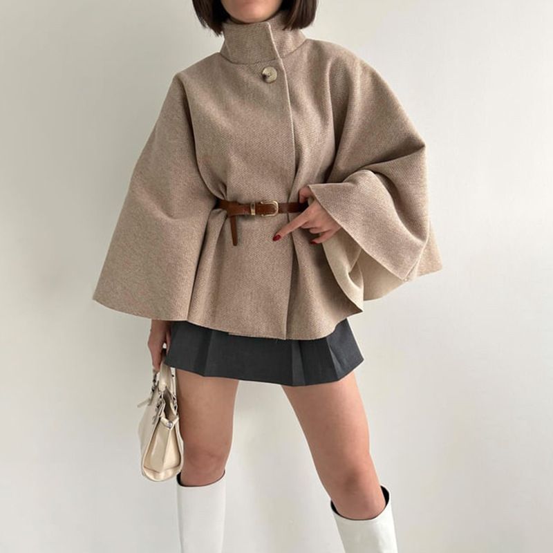 Elegante capa con cinturón: gabardina de lana resistente a las arrugas con mangas acampanadas para mujer (tallas S-XXL, 4 tonos neutros, ideal para la oficina y el fin de semana)_voghion.com