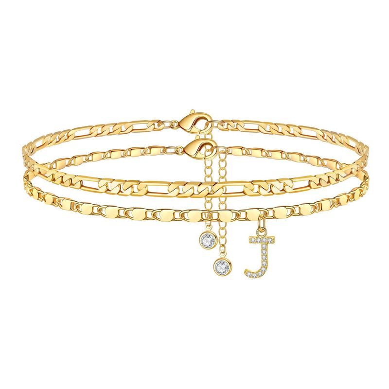 New Bohemian Zircon 26 Letters Copper Plated 14k Gold Figaro Chain Double Layer Stacked Anklet_voghion.com