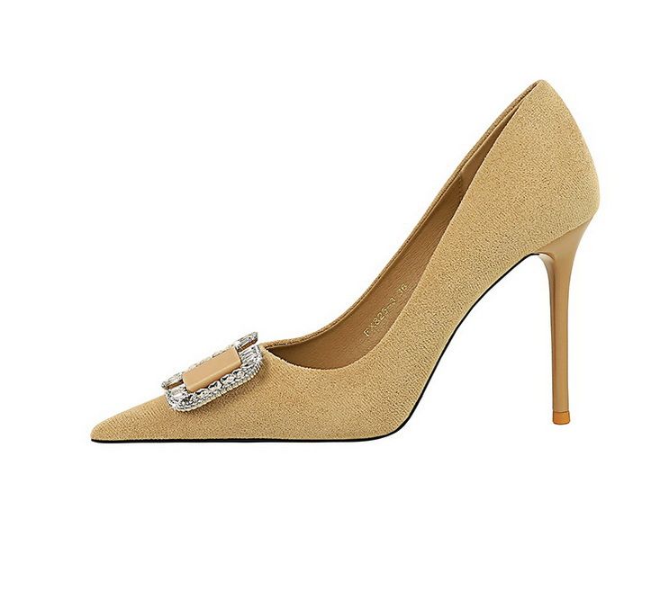 825-K69 Koreansk Mode Banquet Høje Slanke Hæle Dame Ruskind Lav Spids Mund Metal Vand Diamant Spænde Enkel_voghion.com