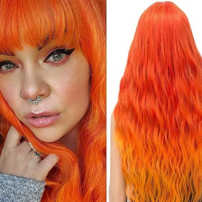 Synthetic wig New Women's Small Water Wave Pattern Wool Long Curled Hair Straight bangs Multi color Chemical Fiber Head Cover_voghion.com