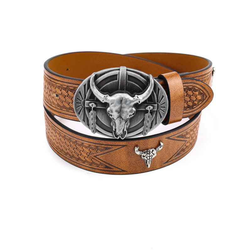 HOT Western cowboy carved cow head big plate mouth trend retro men and women PU niche punk leather belt_voghion.com