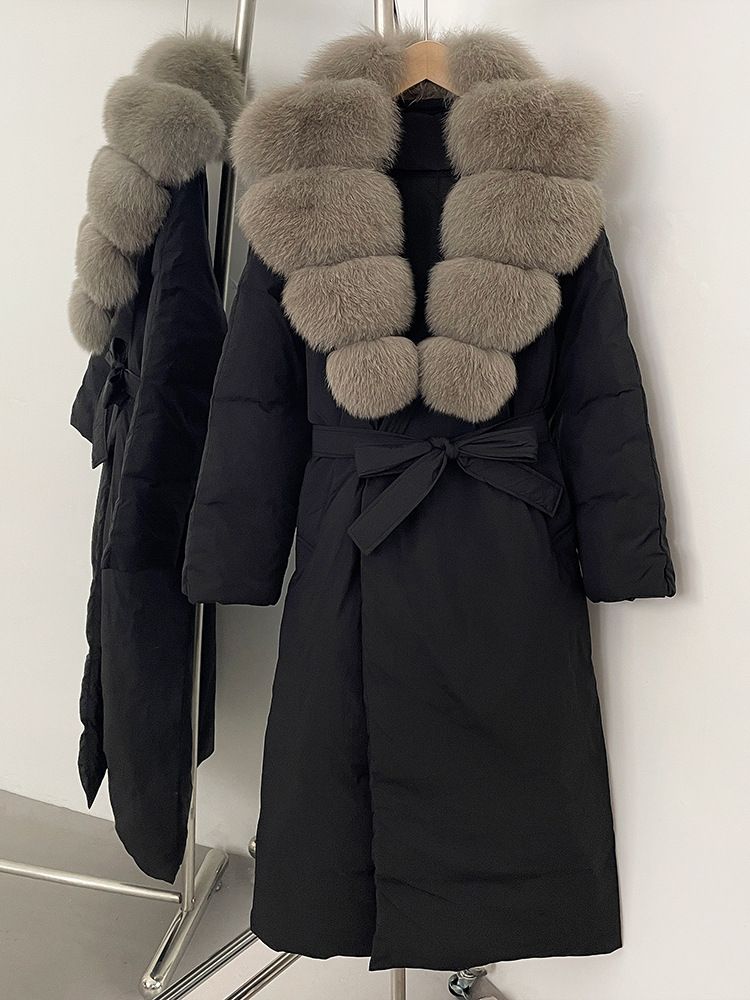 Damenbekleidung Langer Daunenmantel mit Fuchspelzbesatz und Gürtel in der Taille, Winterjacke mit schmaler Passform für Büro und Freizeit (mehrere Farboptionen)_voghion.com